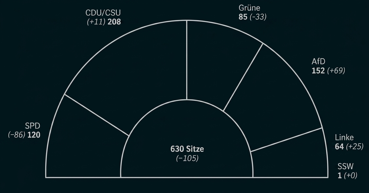 Sitzverteilung im Bundestag als Diagramm mit Parteien und Mandaten
